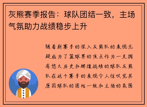 灰熊赛季报告：球队团结一致，主场气氛助力战绩稳步上升